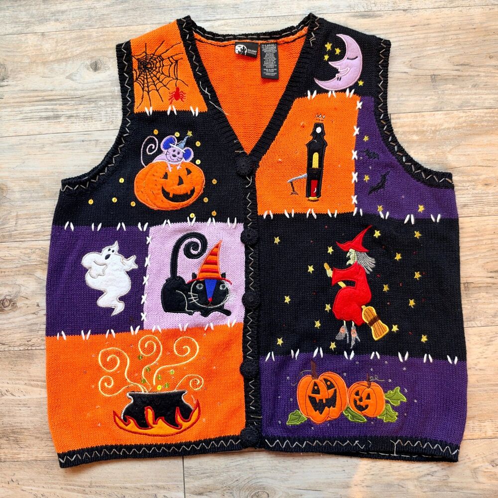 Vintage Halloween Sweater Vest XL Holiday Editions Patchwork Witch Ghost Pumpkin